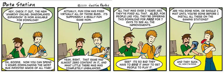 Comic: '[Beta Station] Anarchy Online' published on 2003-10-06T08:00:00.000Z by Justin Parks