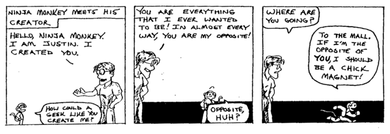 Comic: 'Ninja Monkey meets his creator' published on 1997-06-02T08:00:00.000Z by Justin Parks